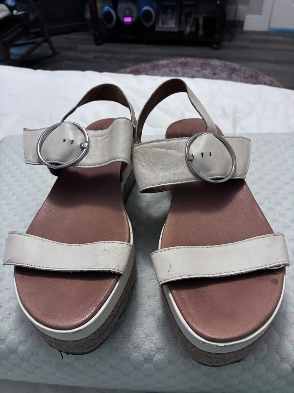UGG Women White April Espadrille Wedge Platform Buckle Sandals sz 42 $80